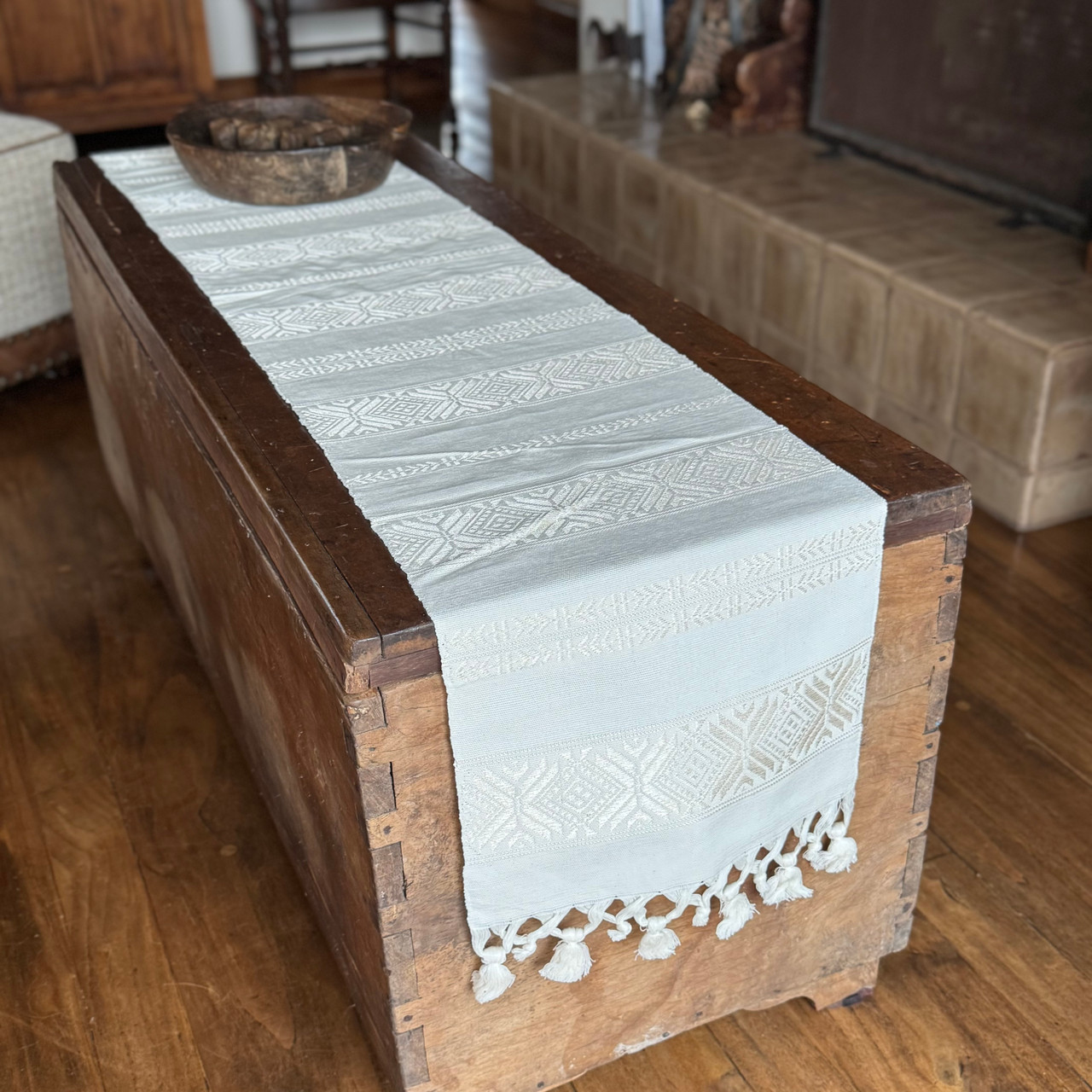 Handmade Fair Trade Table Runner, White Color Base with Light Golden Geometric Designs with Tassel Ends