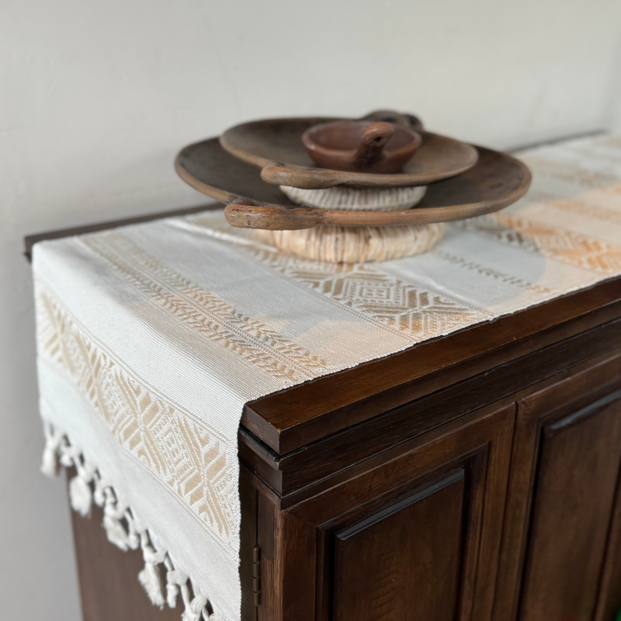 Handmade Fair Trade Table Runner, White Color Base with Light Golden Geometric Designs with Tassel Ends