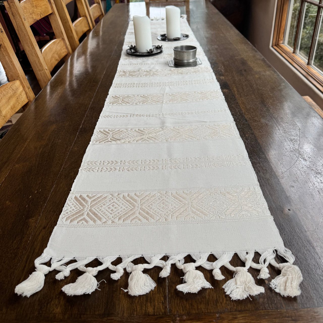 Handmade Fair Trade Table Runner, White Color Base with Light Golden Geometric Designs with Tassel Ends