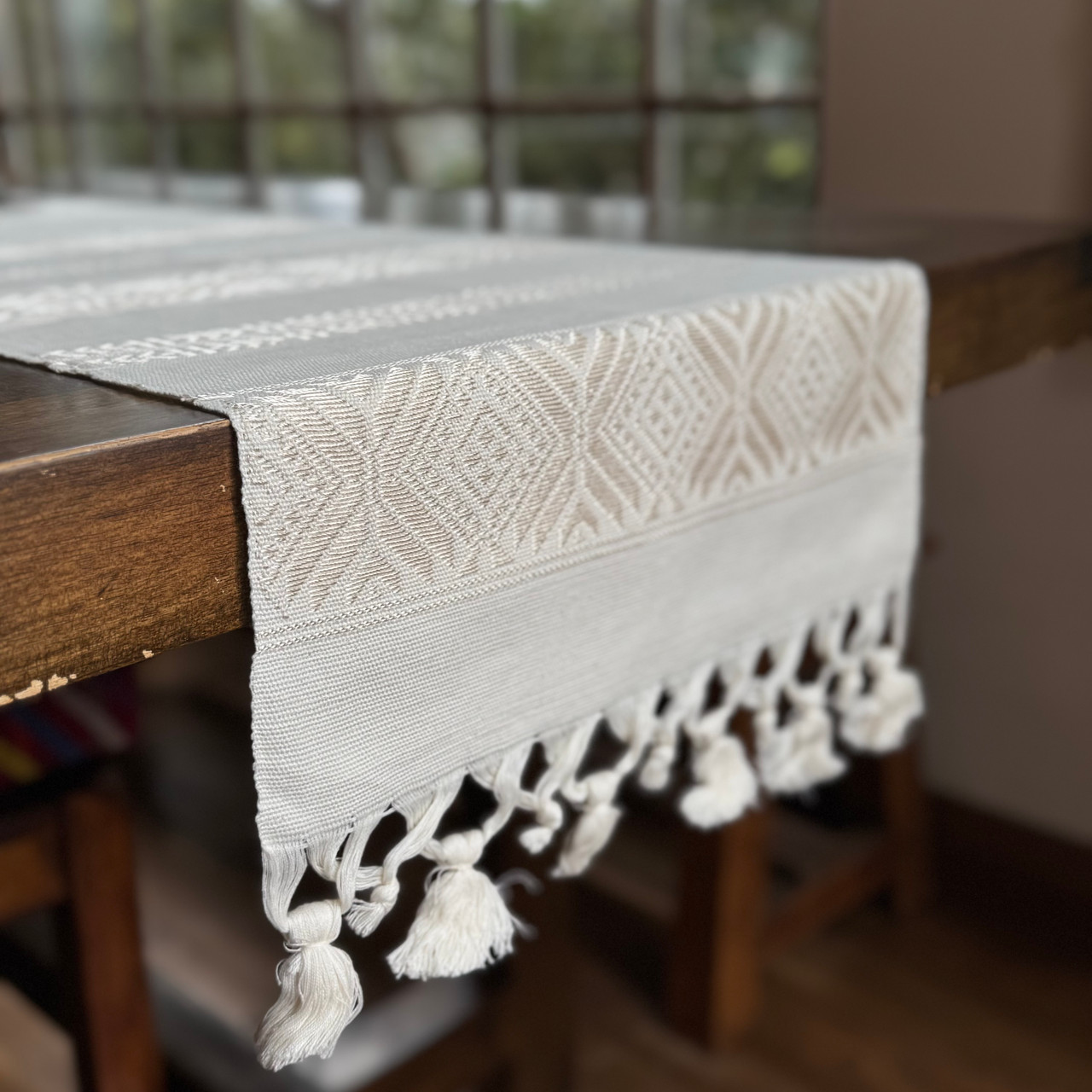 Handmade Fair Trade Table Runner, White Color Base with Light Golden Geometric Designs with Tassel Ends