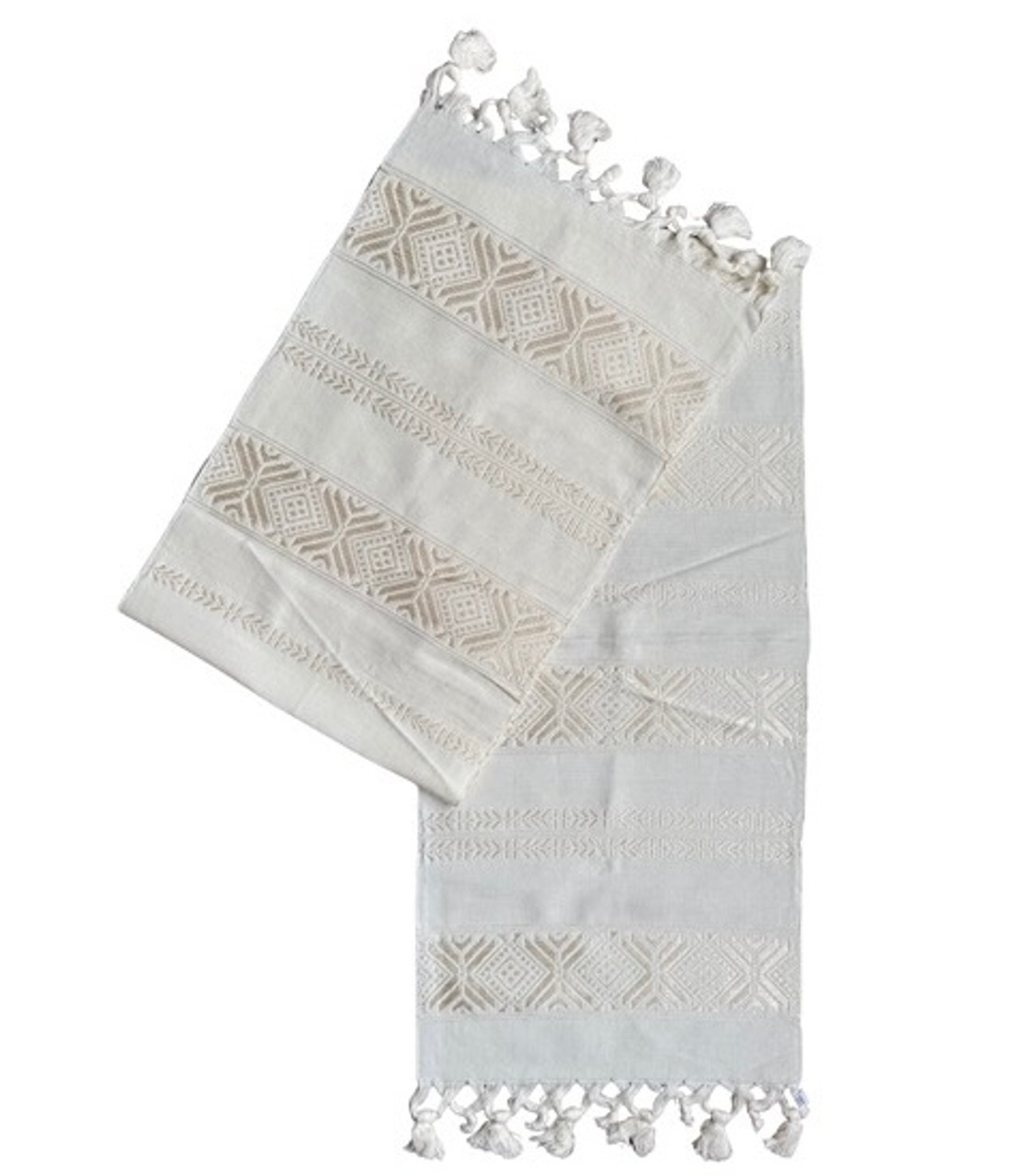 Handmade Fair Trade Table Runner, White Color Base with Light Golden Geometric Designs with Tassel Ends