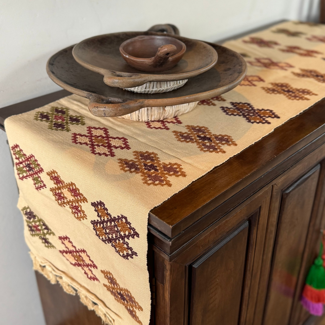 Handmade Guatemalan Fair Trade Table Runner, Earth tone Geometric Designs with Tassel Ends