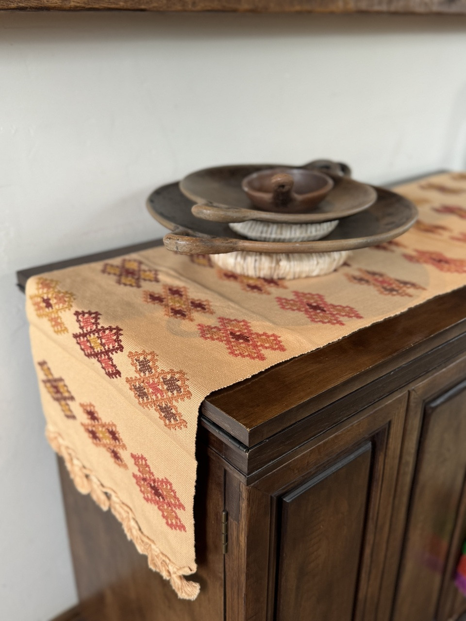 Handmade Guatemalan Fair Trade Table Runner, Earth tone Geometric Designs with Tassel Ends