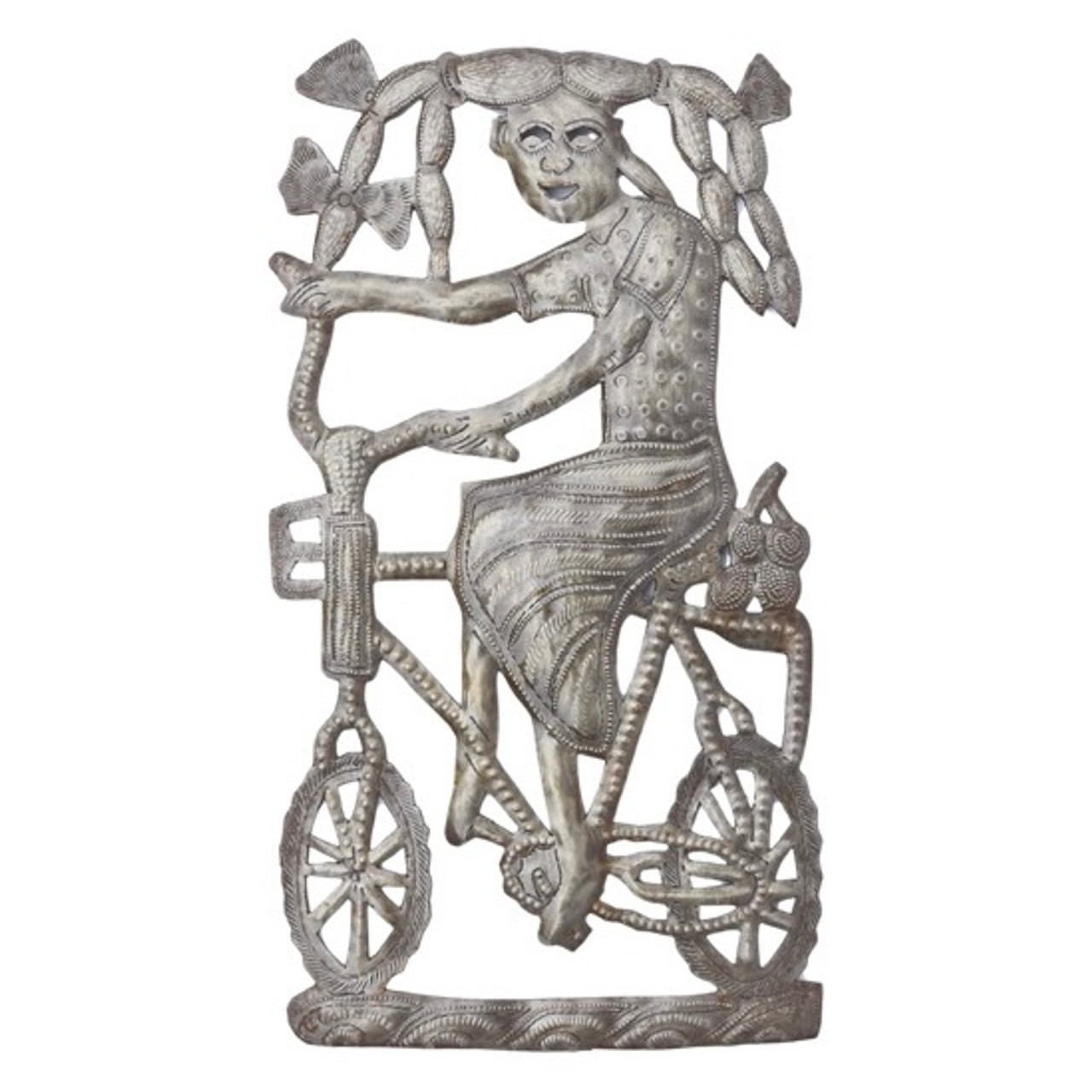 Haitian Whimsical Sculpture of a Girl on  a Bike, Fair Trade Metal Art