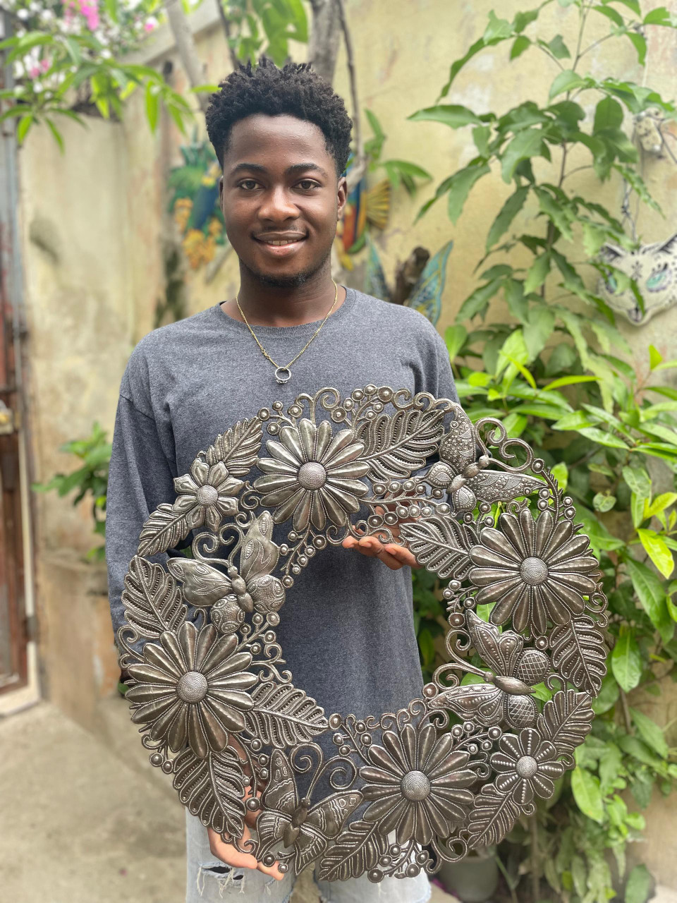 Handcrafted Haitian Metal Art, Flower and Butterfly Wreath 23" by Soulouque Frantzley Handcrafted Haitian Metal Art, Flower and Butterfly Wreath 23" by Soulouque Frantzley