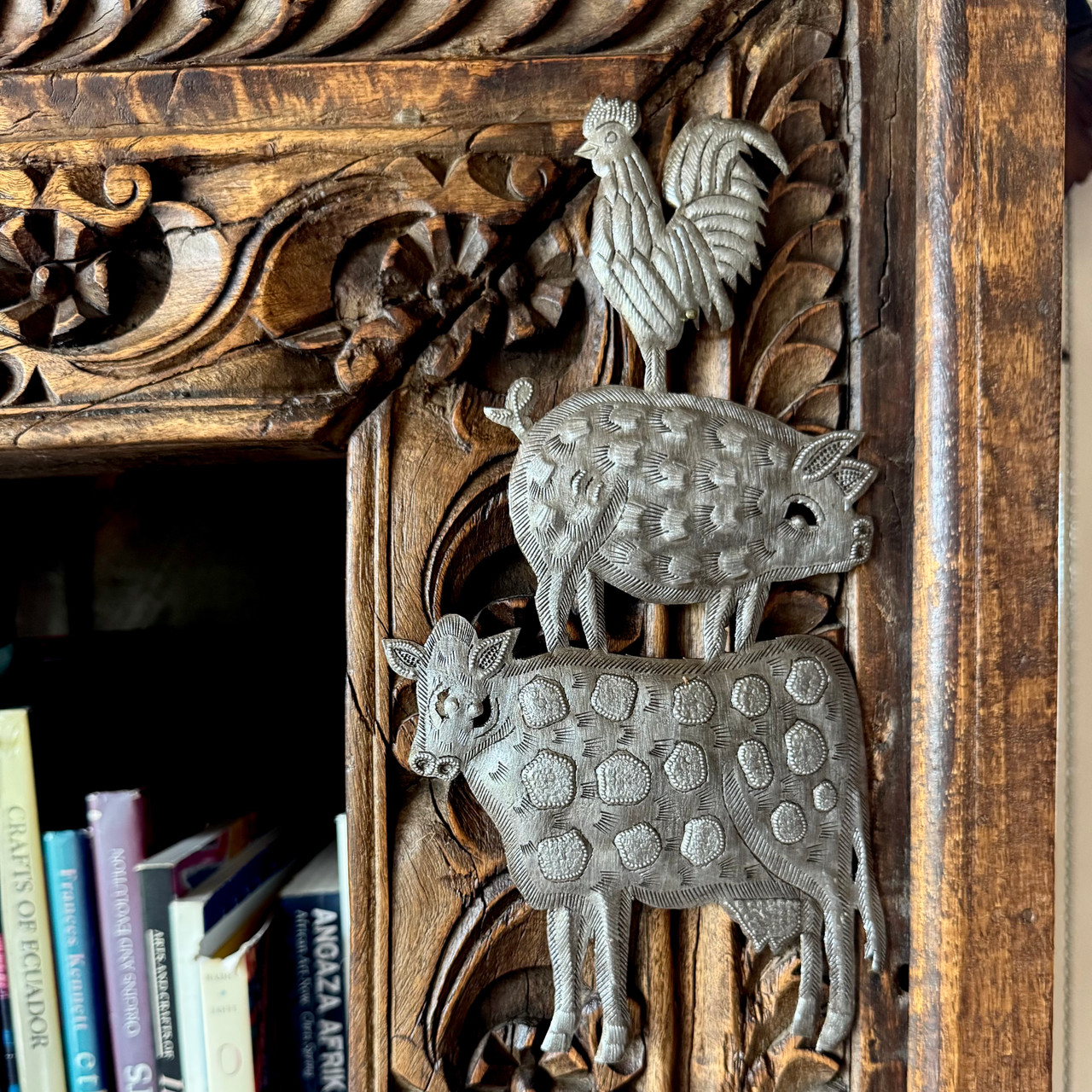 pig cow rooster, Town Musicians of Bremen, Haitian inspiration, Metal Art Stacking Animals by Theo Jeanty