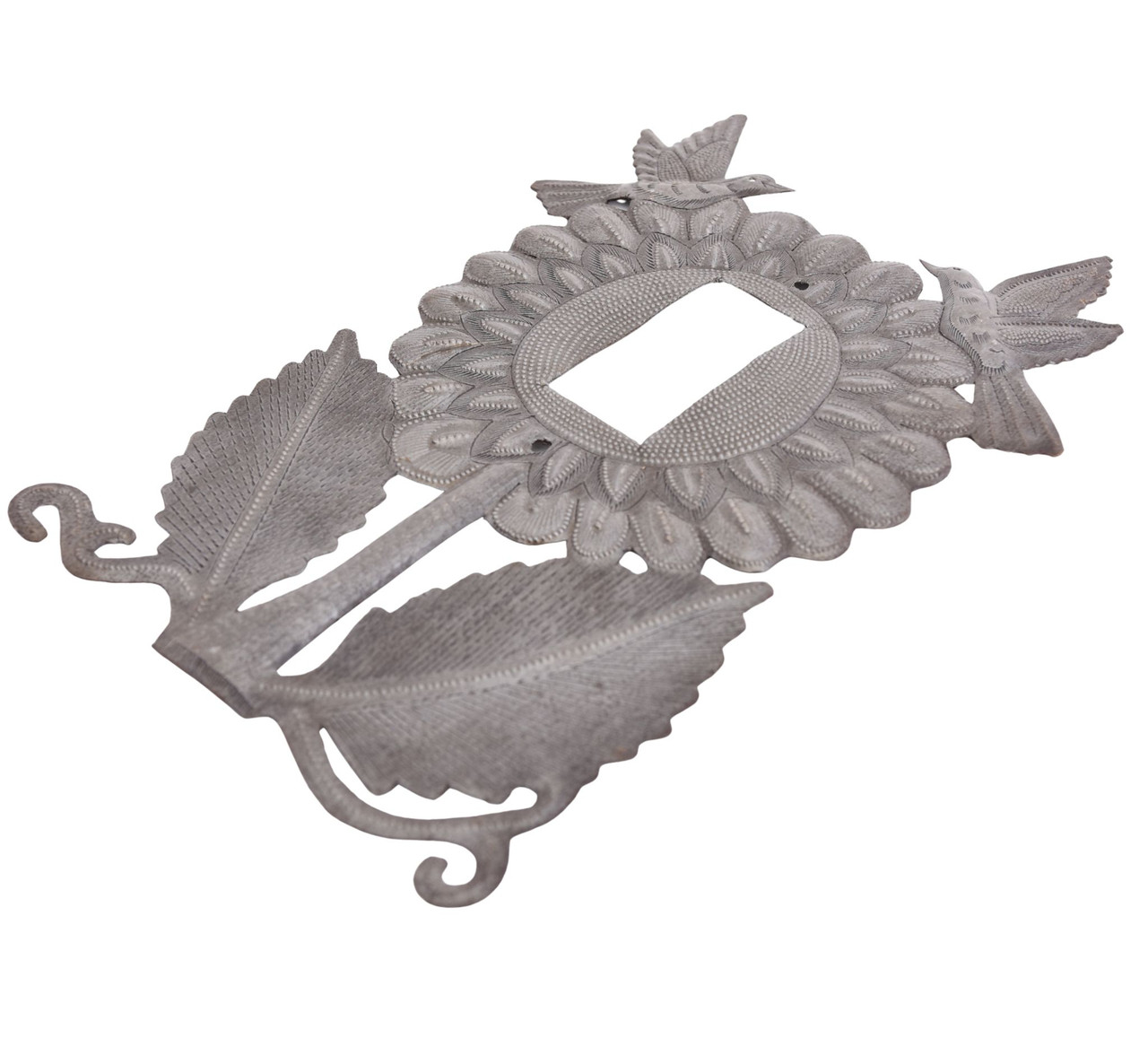 Haitian artisan metalwork, sustainable wall plate, eco-friendly home gift, hammered metal art, chiseled metal switch cover, Fair Trade handmade gift, sunflower bird wall plate, unique decorative switch plate Haitian artisan metalwork, sustainable wall plate, eco-friendly home gift, hammered metal art, chiseled metal switch cover, Fair Trade handmade gift, sunflower bird wall plate, unique decorative switch plate