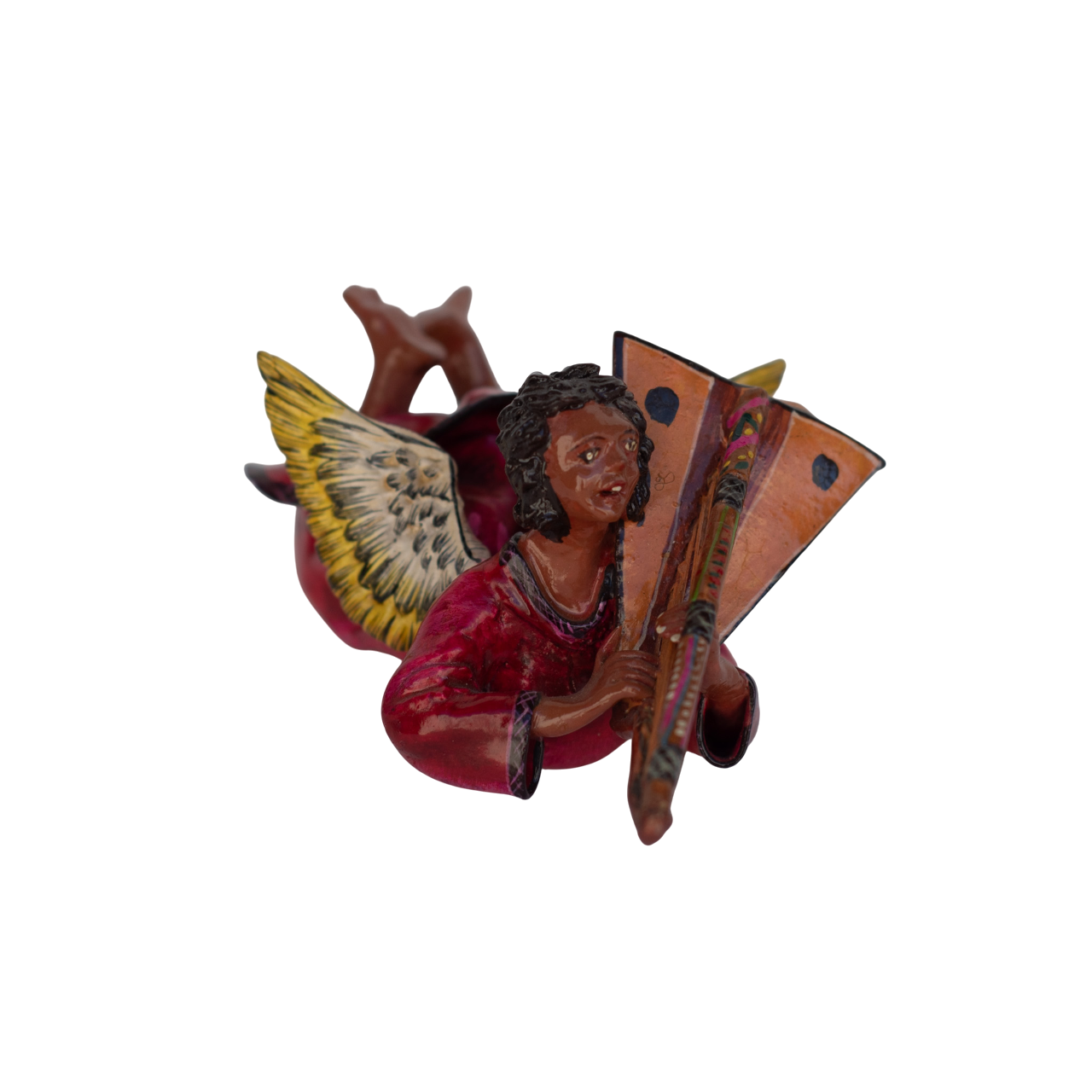 Vintage Peruvian Ornament, Red Dress Angel with Harp by Claudio Jimenez Quispe, Painted Plaster