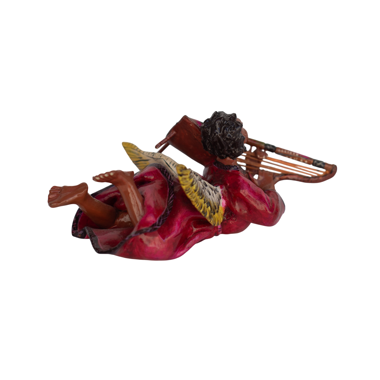 Vintage Peruvian Ornament, Red Dress Angel with Harp by Claudio Jimenez Quispe, Painted Plaster