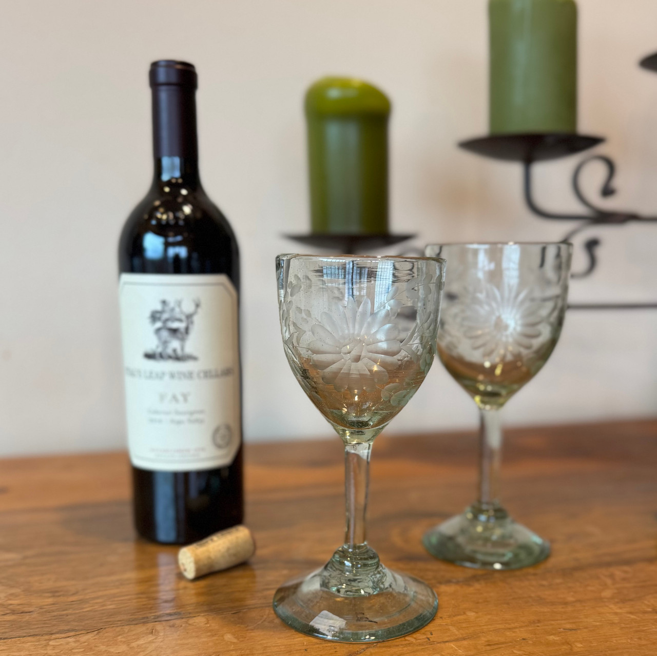 Handblown Etched Mexican Wine or Water Glasses Handblown Etched Mexican Wine or Water Glasses