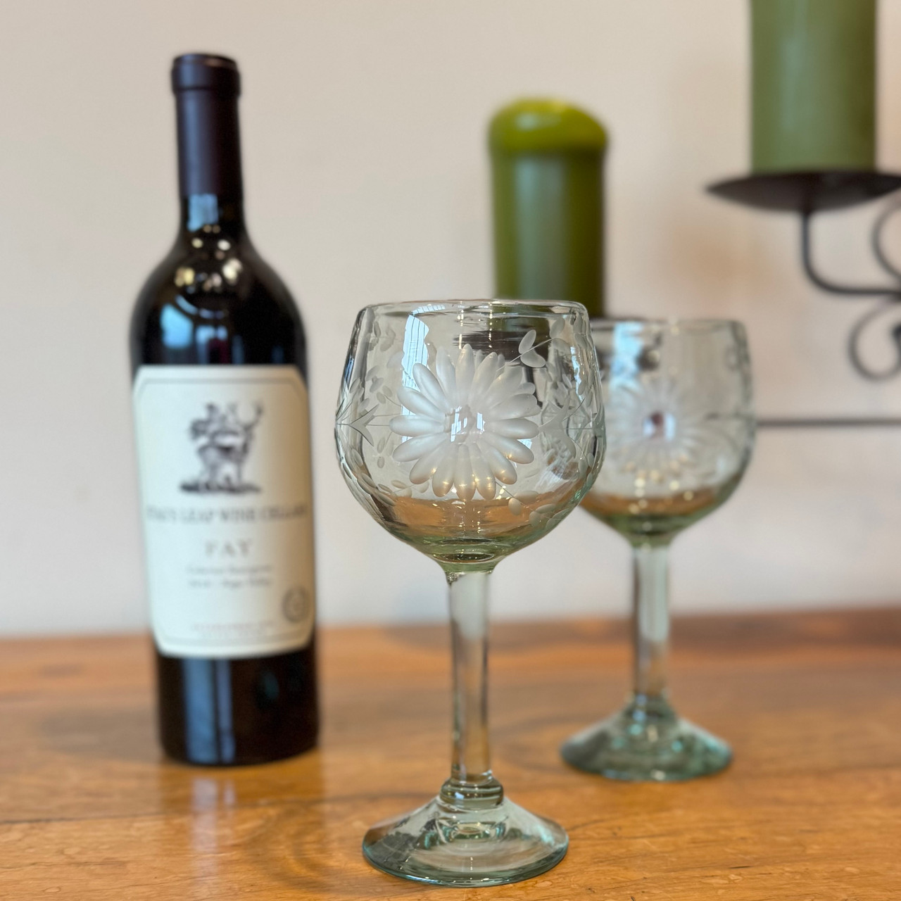 Handblown Etched Mexican Wine or Water Glasses Handblown Etched Mexican Wine or Water Glasses