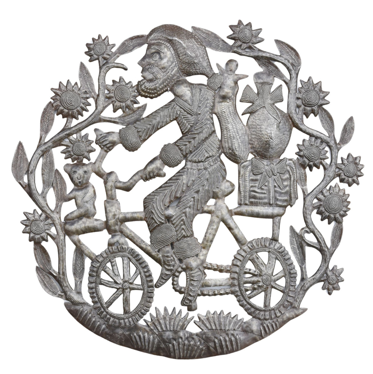 Man riding a bike through a garden of Flowers, Haiti Metal Art Man riding a bike through a garden of Flowers, Haiti Metal Art
