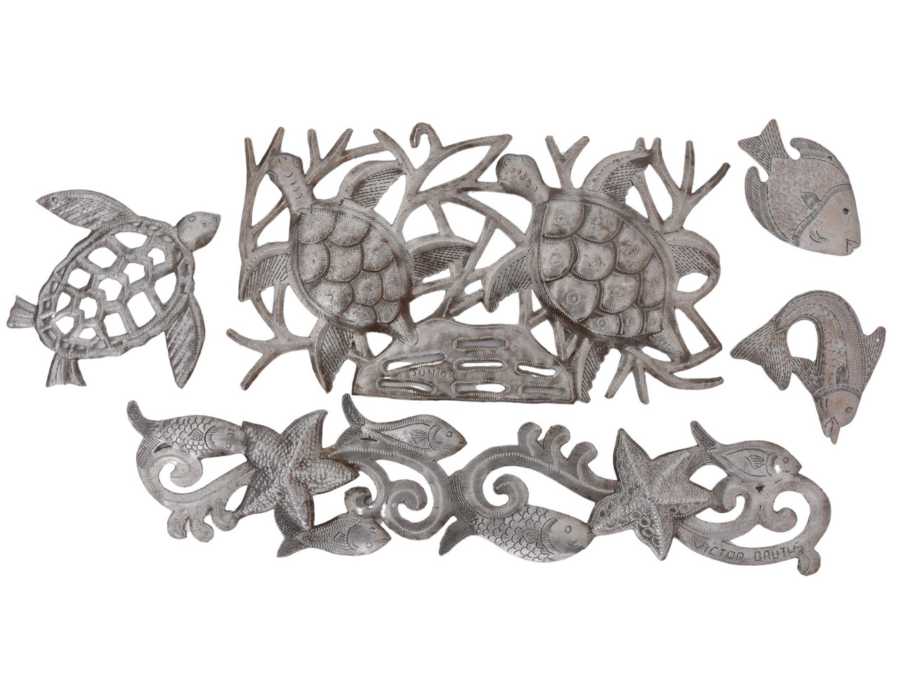 Lot of 5 Haitian Metal Ocean Sculptures – Turtles & Fish – Handmade from Recycled Steel Drums – Coastal Wall Art
