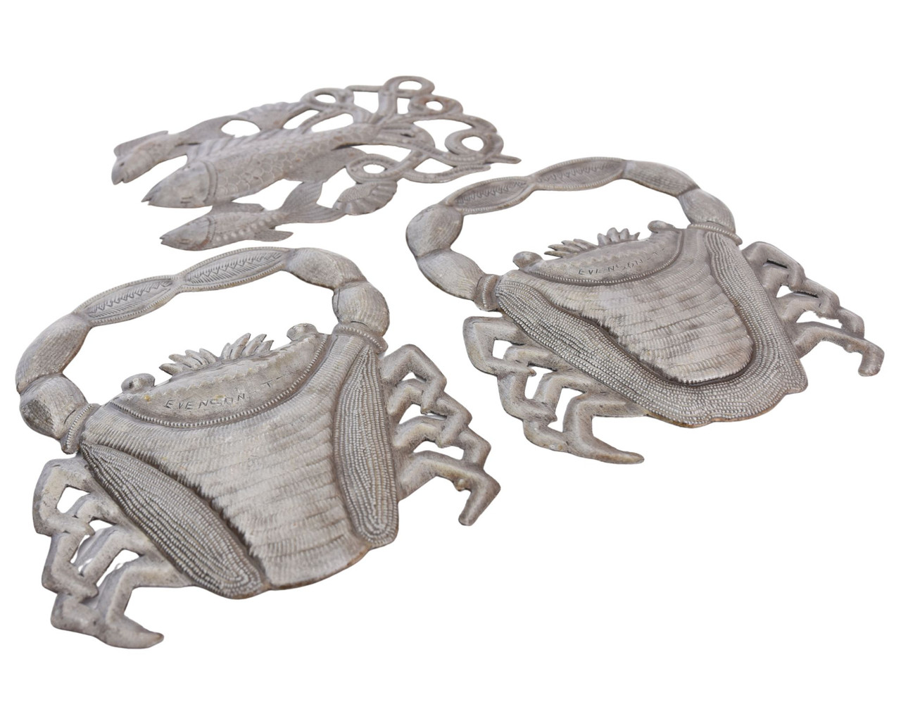Lot of 3 Haitian Metal Sculptures – 2 Crabs & 1 Fish – Handmade from Recycled Steel Drums – Nautical Coastal Décor