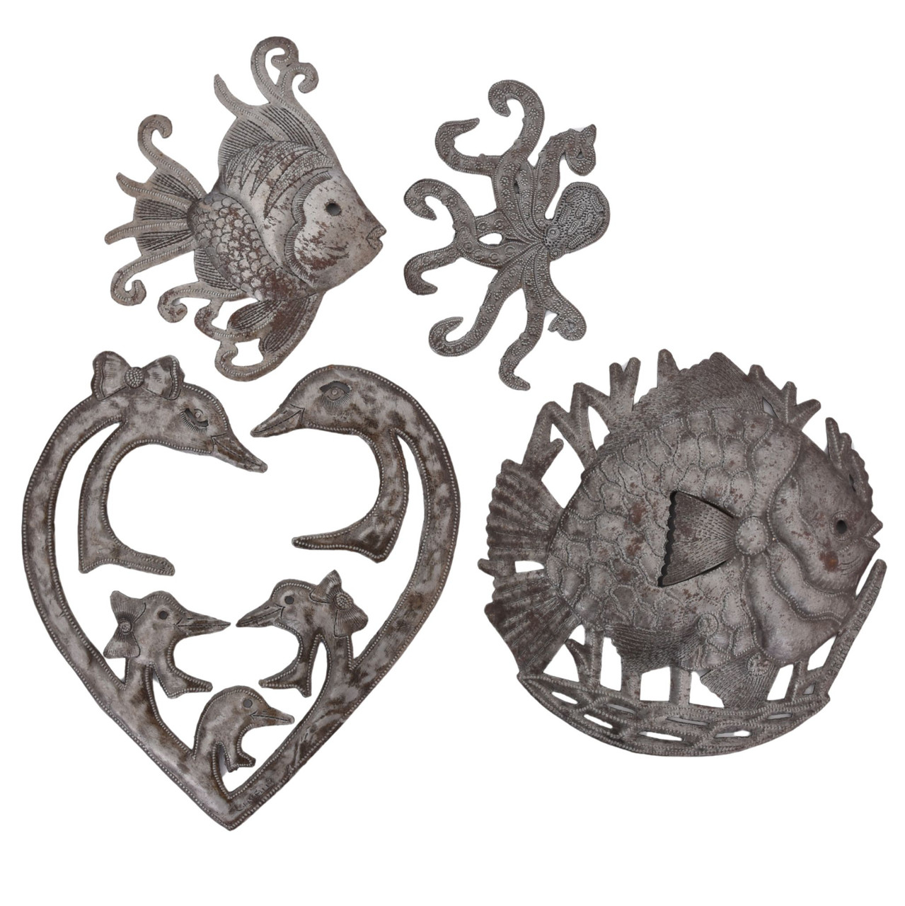 Set of 4 Haitian Metal Ocean Sculptures – Dolphin Heart, Fish & Octopus – Handmade from Recycled Steel Drums – Nautical Décor