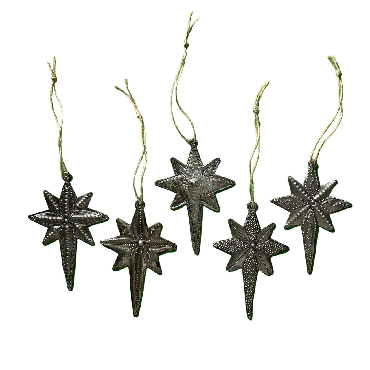 hand tooled metal star ornaments, handmade holiday décor, set of 5 star ornaments, hand tooled metal star ornaments, handmade holiday décor, set of 5 star ornaments,