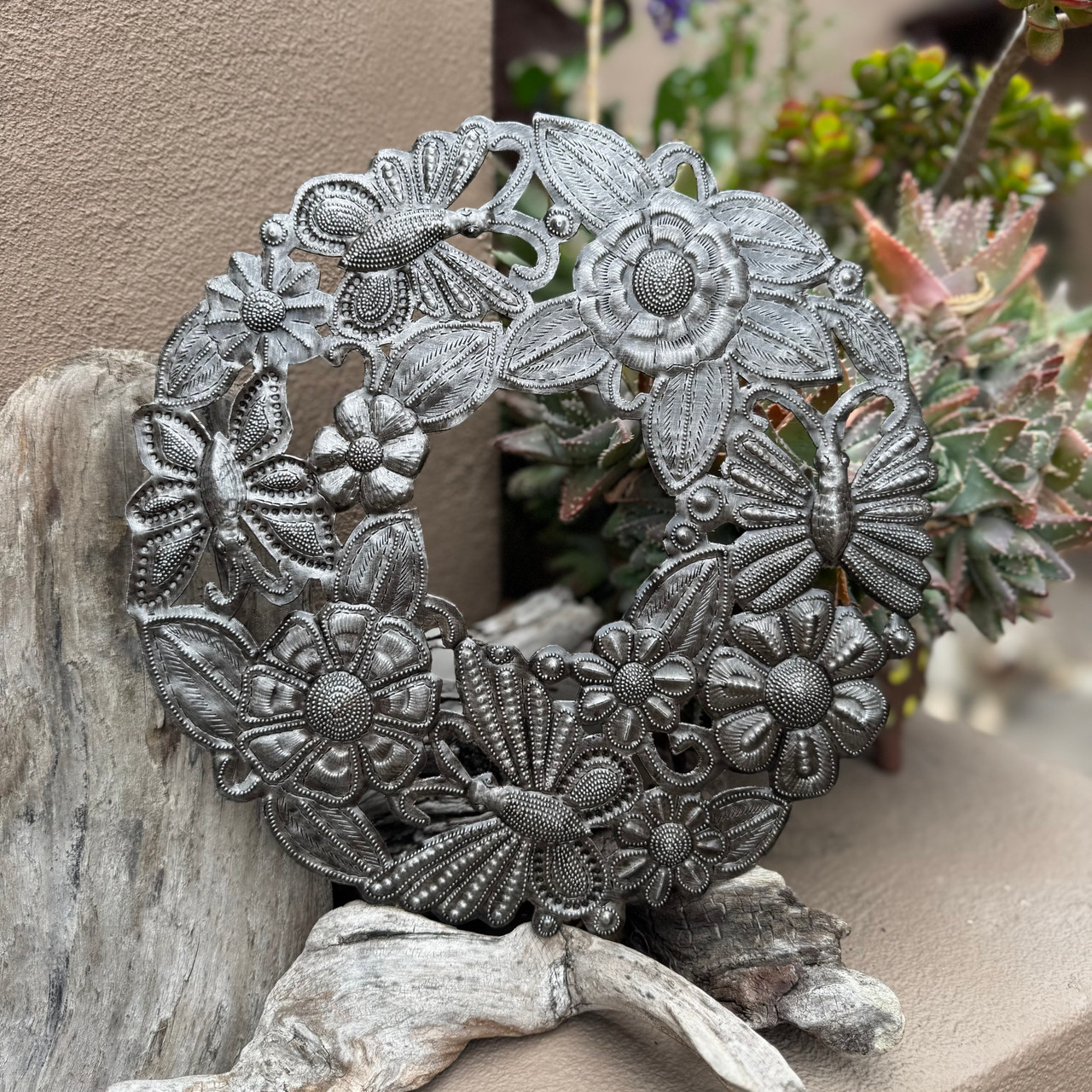 recycled metal wreath, fair trade home décor, Haitian metal art, handmade wall hanging