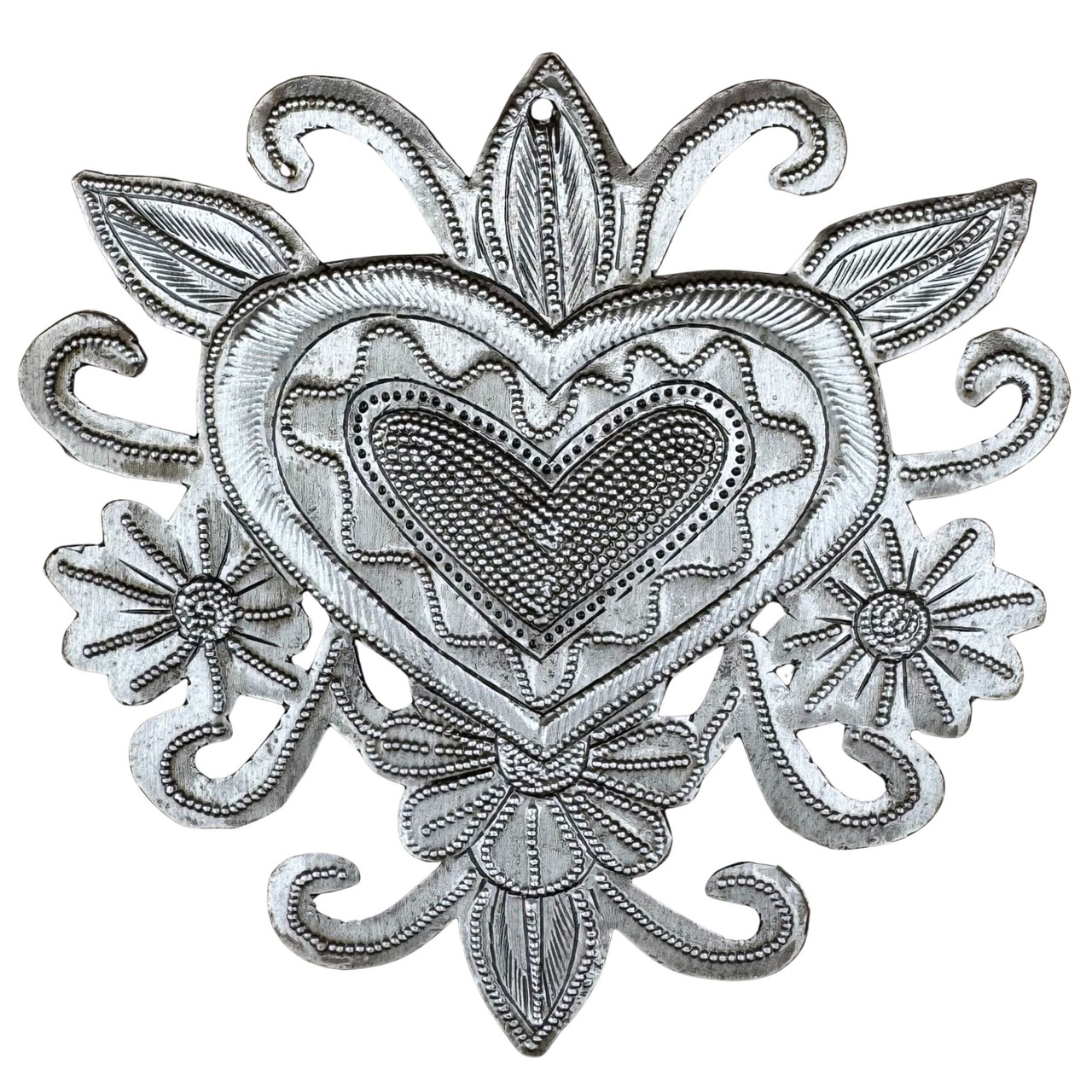 Haitian metal art, recycled steel heart, fair trade wall décor, handmade metal sculpture, Haitian heart wall art, eco-friendly home décor, hand-hammered steel art