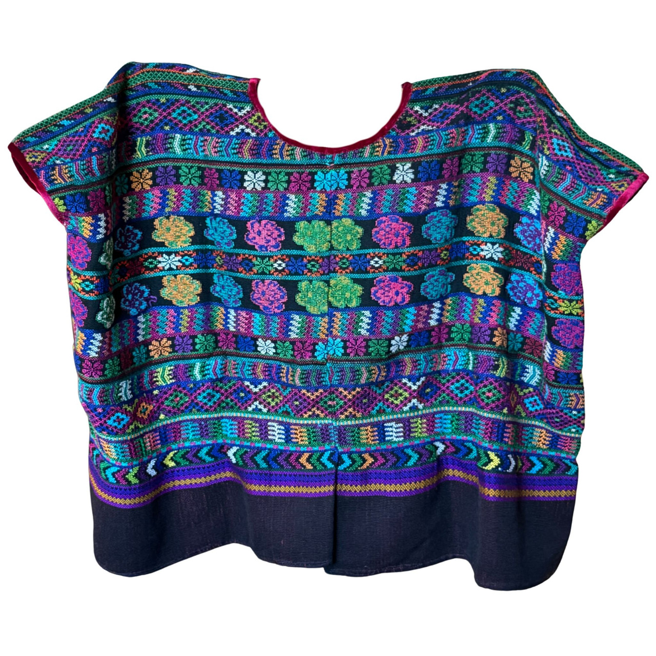 Guatemalan huipil, San Juan Comalapa, vintage huipil, handwoven blouse, Mayan weaving, velvet trim huipil, faded black huipil, multicolor motifs
