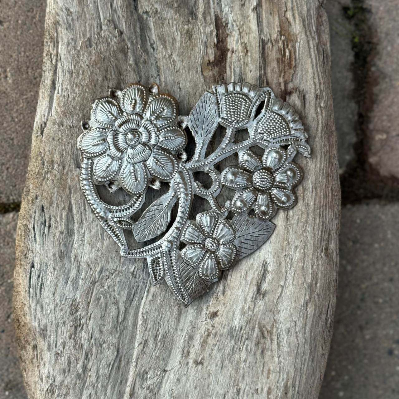 Floral Bloom Heart – Handmade Recycled Metal Heart from Haiti