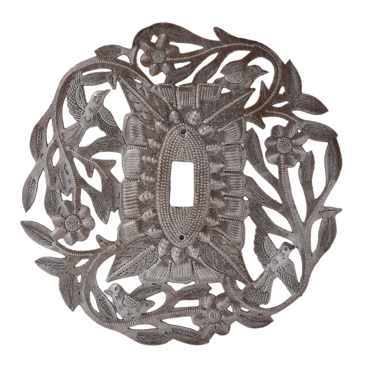 Haitian metal switch plate, Floral bird switch cover, Handmade wall plate, Jean Elise Haitian art