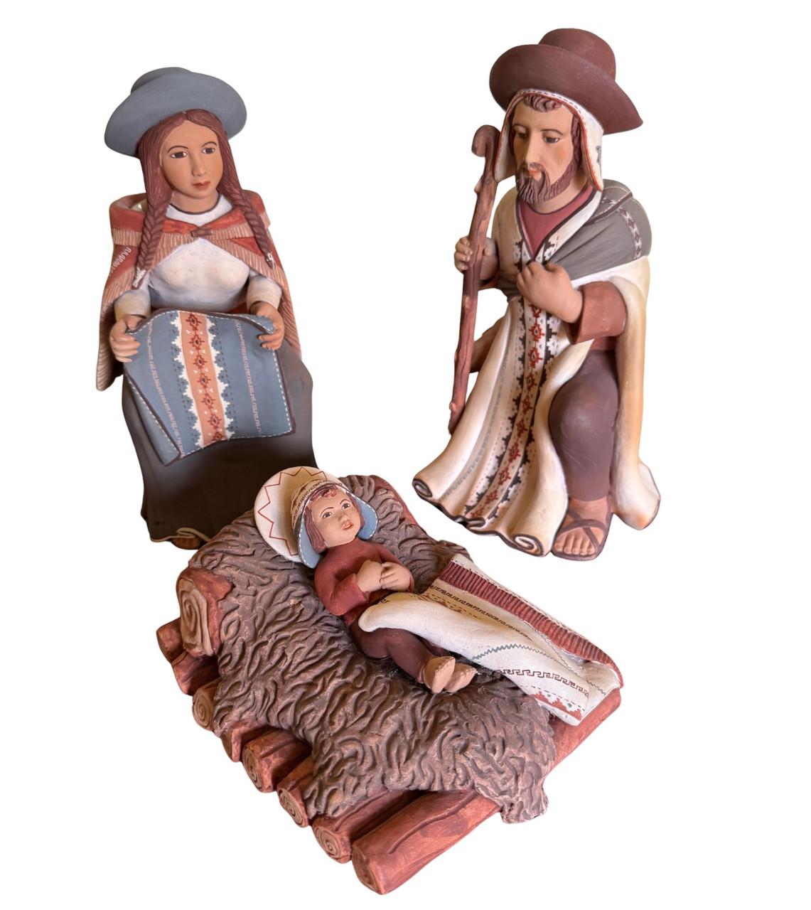 Hand-sculpted clay nativity set, Peruvian Andean folk art, Ayacucho clay figures