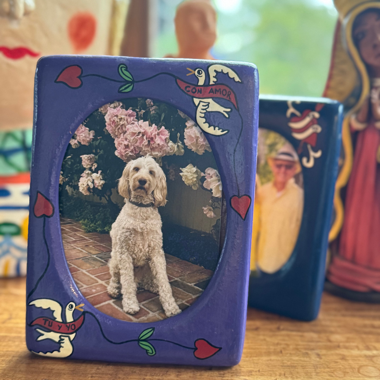 peruvian clay frame, hand painted picture frame, folk art frame, tattoo art frame, latin folk art, handmade frame peru, purple picture frame, oval photo frame, con amor frame