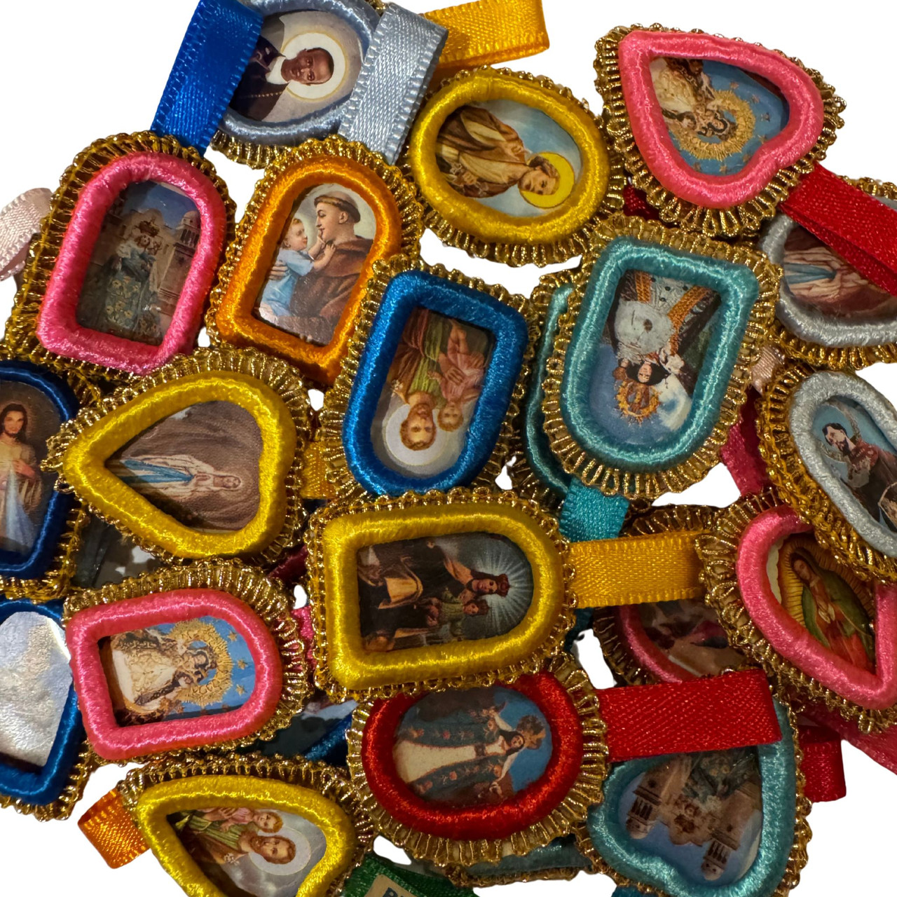 detente con santo, embroidered saint devotional, folk art devotional, mini saint medal, shrine supplies