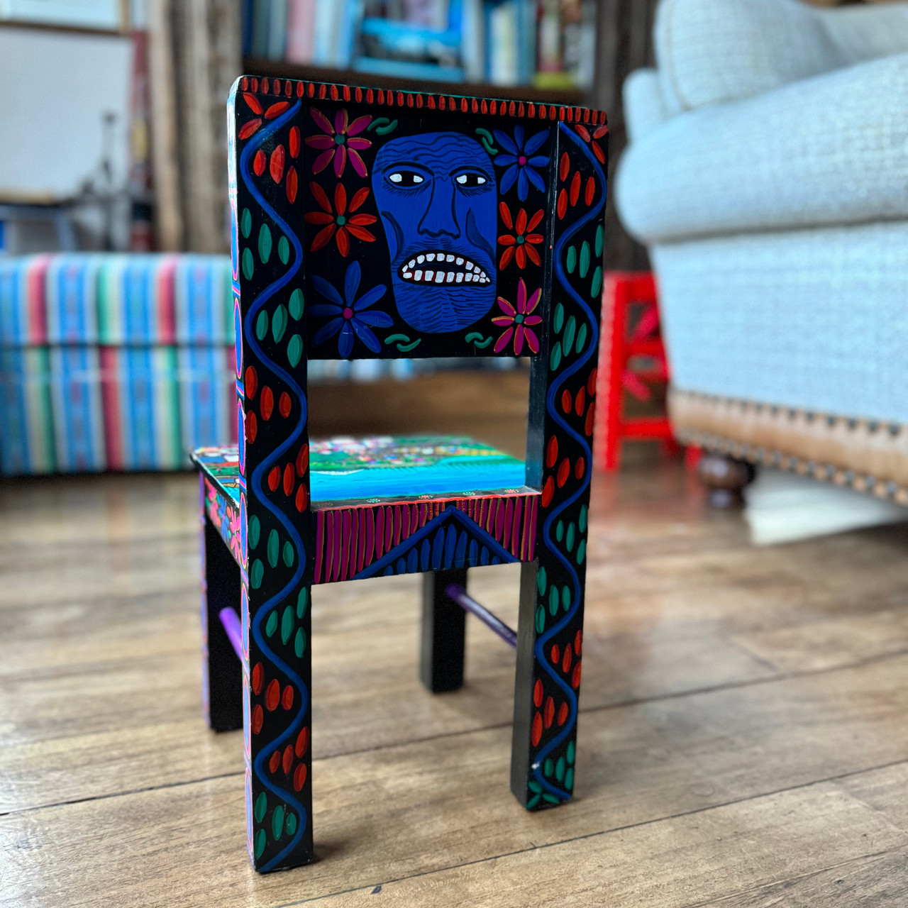 Ecuadorian folk art, hand painted children’s chair, José Vega Cuyo, Andean art, Latin American folk art,