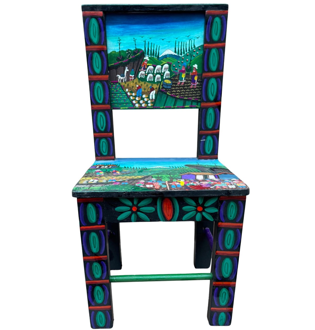 Latin American folk art, indigenous Ecuador art, signed folk art chair, Tigua painting