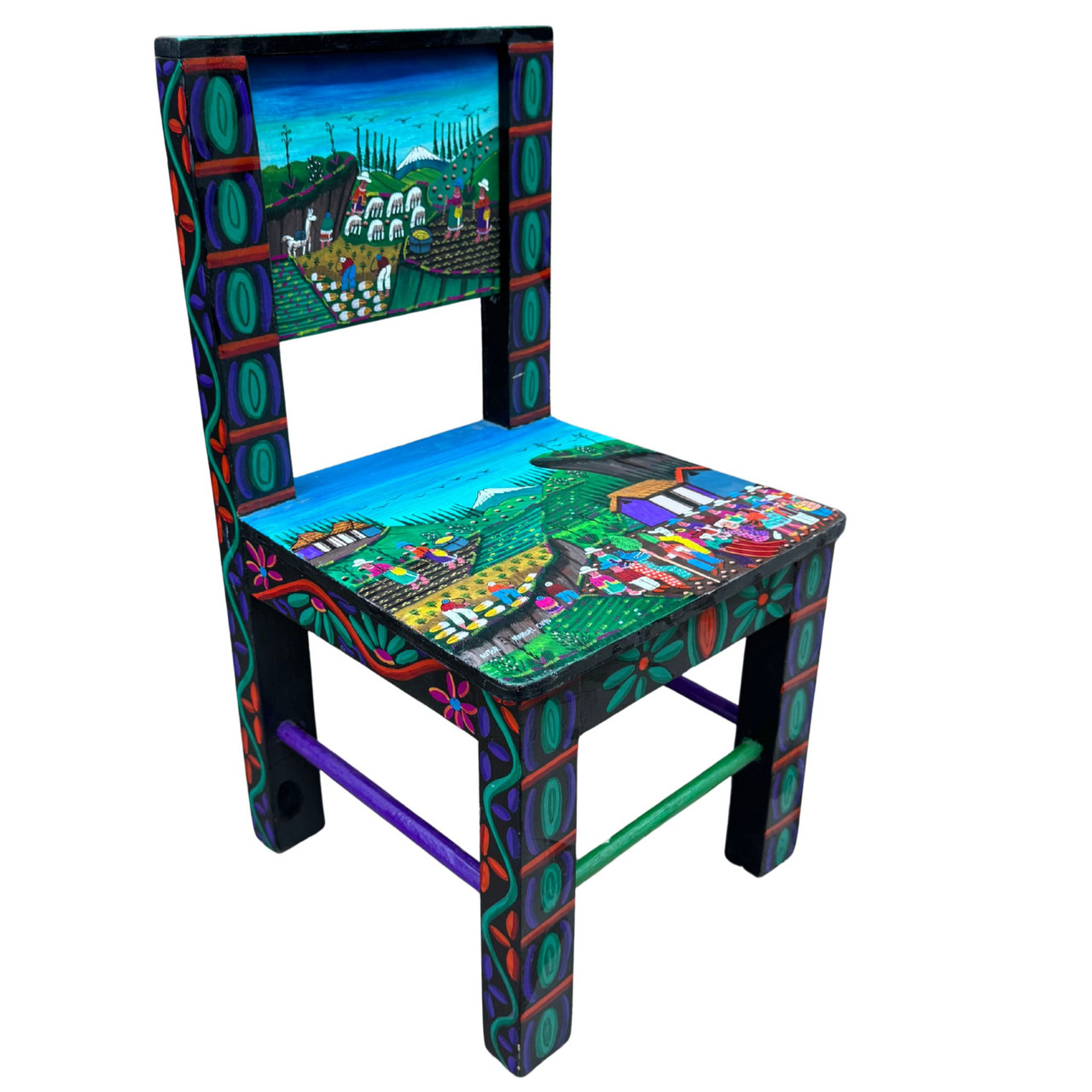 Andean art, Latin American folk art, indigenous Ecuador art, signed folk art chair, Tigua painting