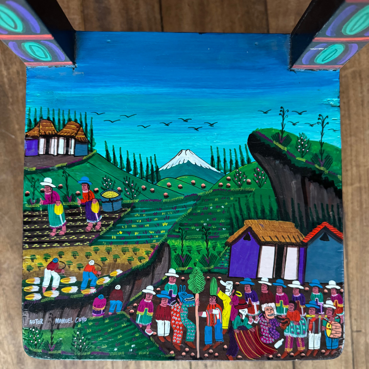 indigenous Ecuador art, signed folk art chair, Tigua painting, collectible folk art