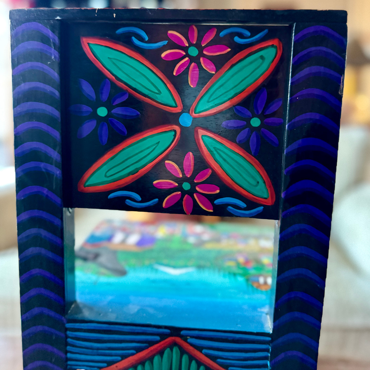 Tigua folk art, Ecuadorian folk art, hand painted children’s chair, José Vega Cuyo, Andean art, Latin American folk art, indigenous Ecuador art