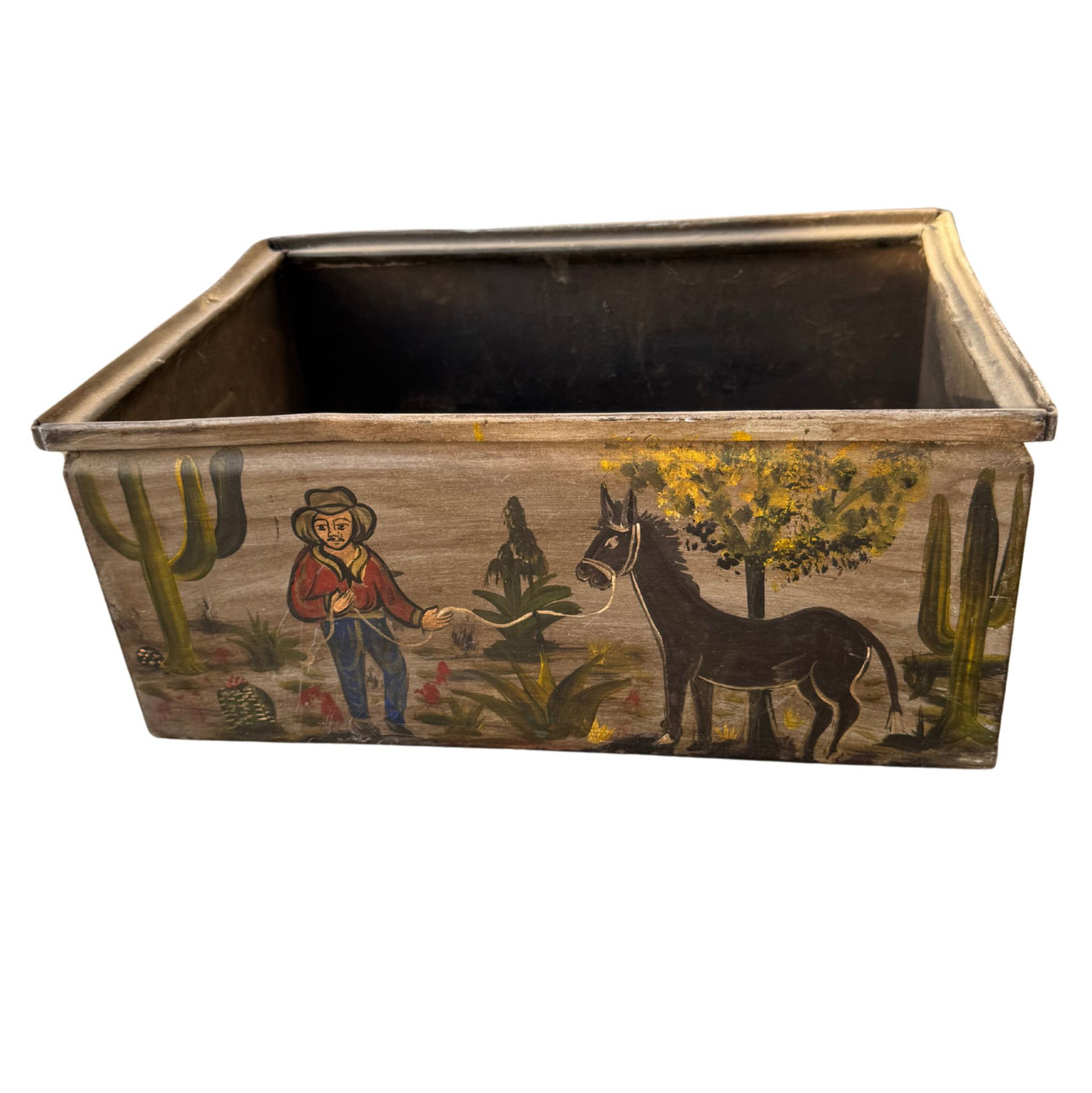 Painted tin box
Mexican rural scene
Collectible folk art box