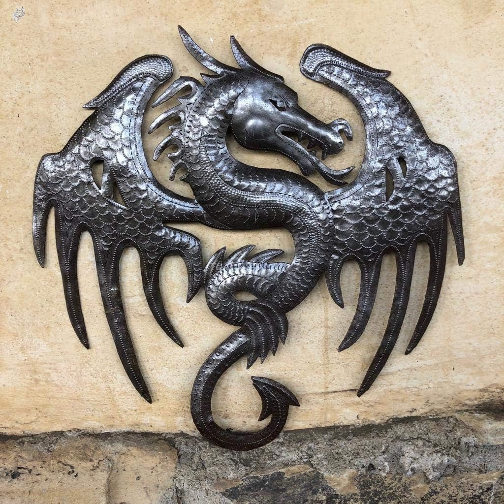 Handmade in Haiti
Fair trade wall art
Metal dragon plaque
Artisan wall décor