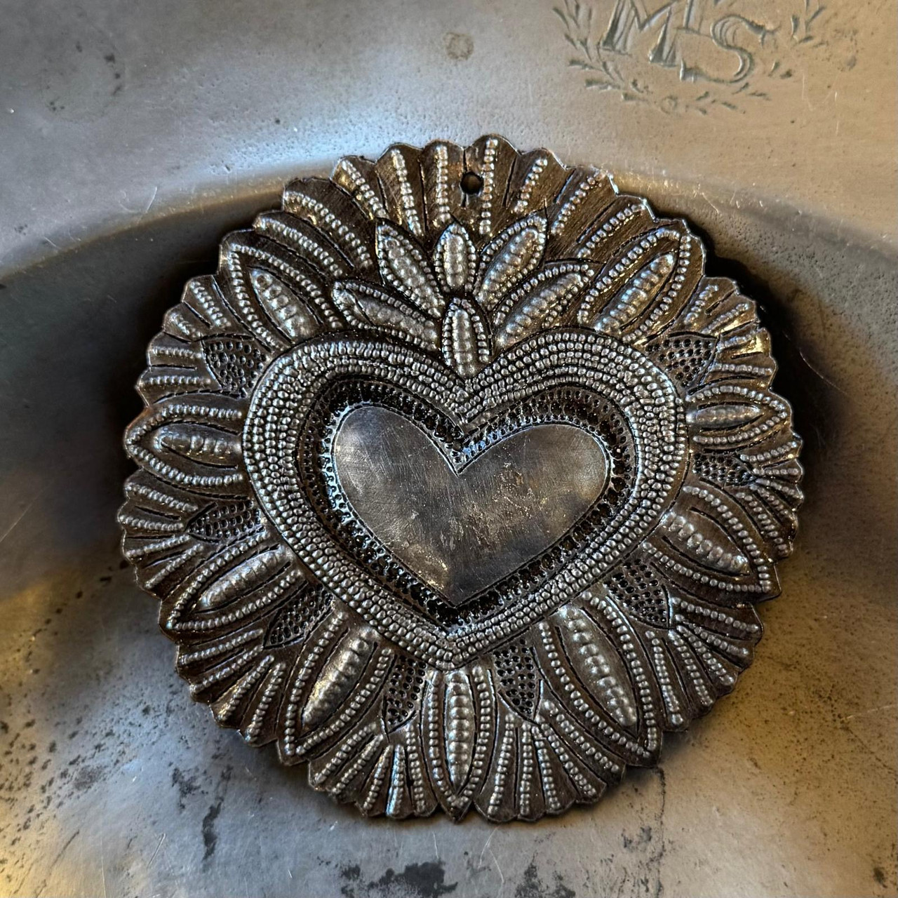 metal milagro heart wall charm

valentine sacred heart handmade gift

love milagro ornament for her