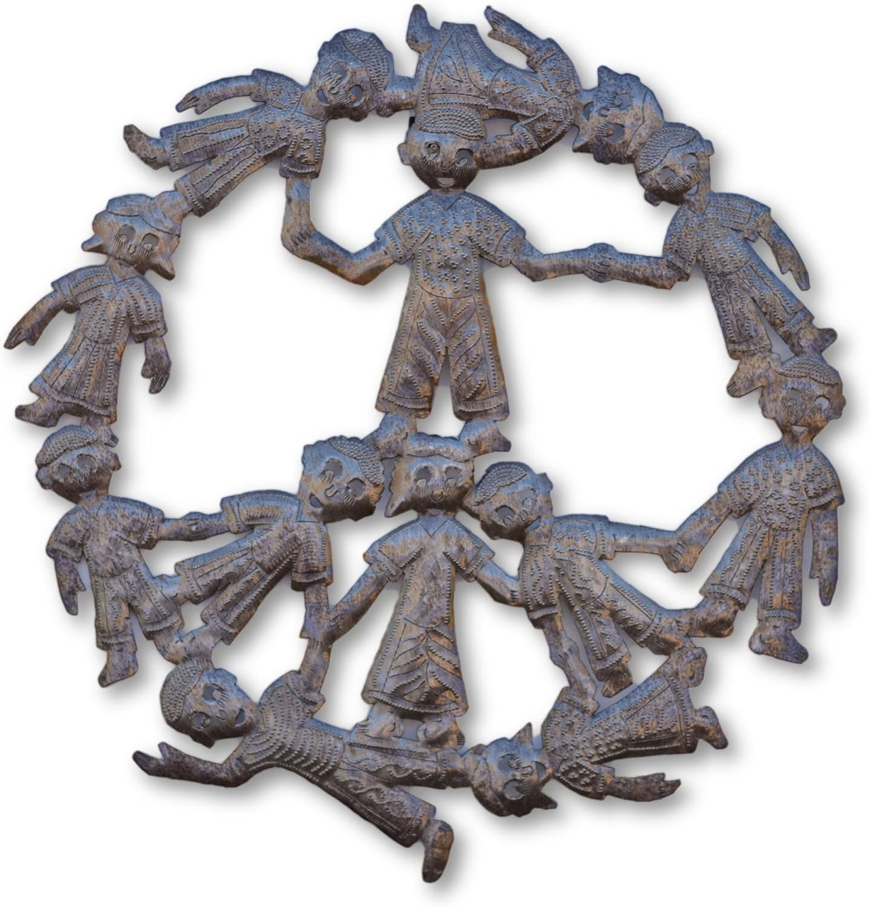  A PEACE SIGN FULL OF SOUL — This gorgeous handmade peace sign plaque is hand-chiseled from real recycled steel oil drums by master artisans in Croix-des-Bouquets, Haiti — the world capital of metal folk art. Every cut, every line, every figure is made entirely by human hands using traditional tools passed down through generations. You will feel the love in every detail.