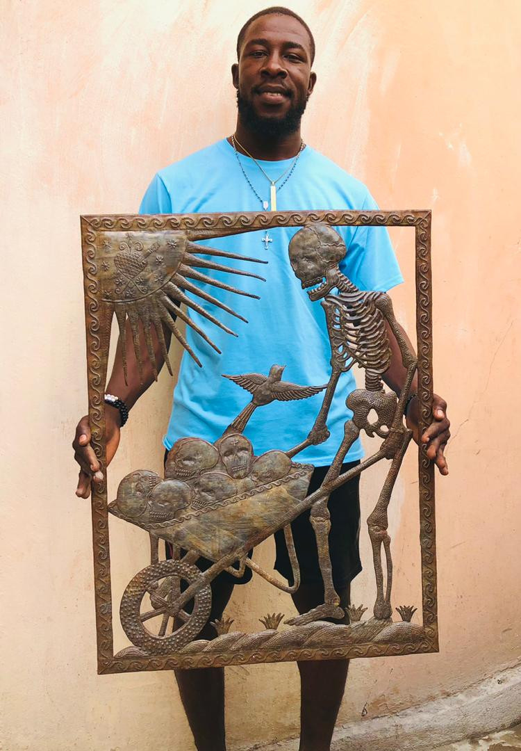 Haitian metal art, skeleton sculpture, oil drum art, folk art wall hanging, recycled steel art, outsider art, skull art, signed Haitian art