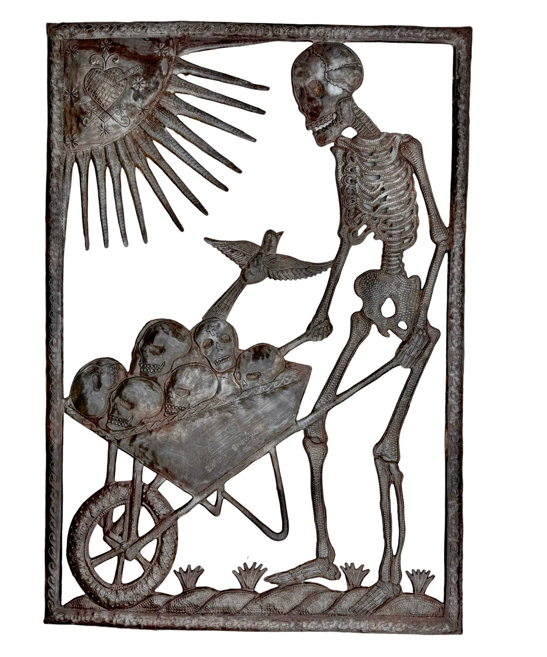 Haitian metal art, skeleton sculpture, oil drum art, folk art wall hanging, recycled steel art, outsider art, skull art, signed Haitian art