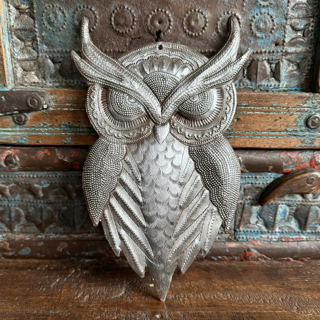 recycled steel art
nature wall hanging
owl gift idea
handmade metal owl