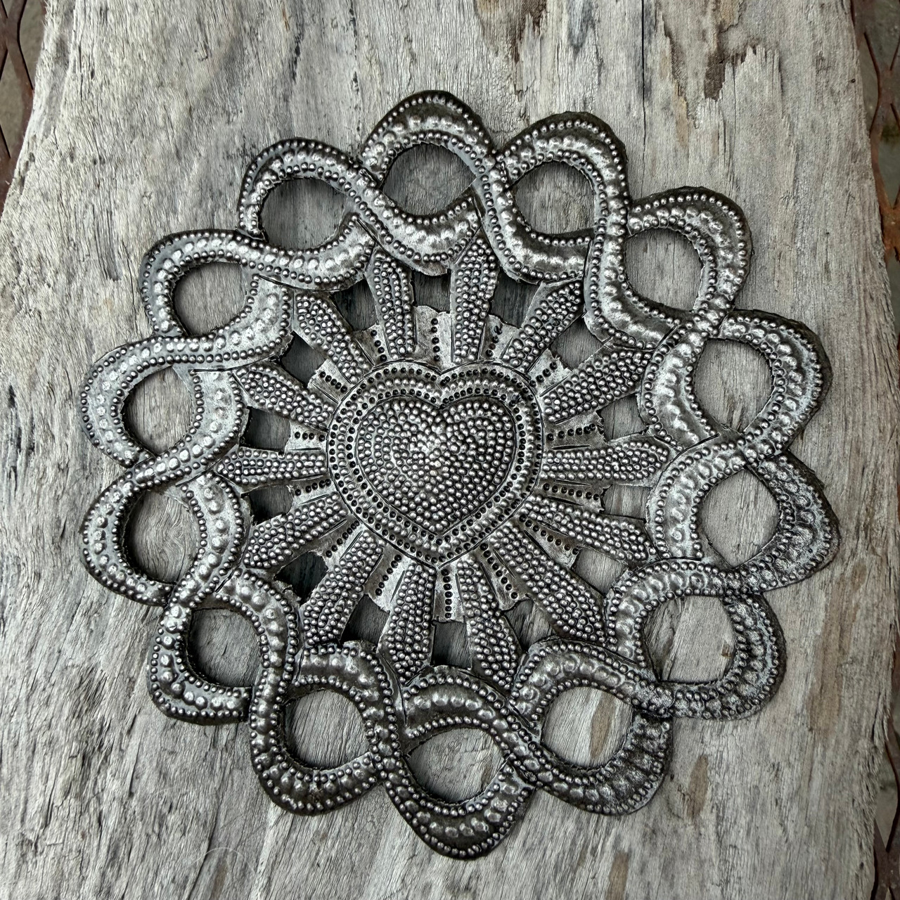 Haitian metal art
boho wall decor
recycled steel art
radiant heart decor
handmade metal heart