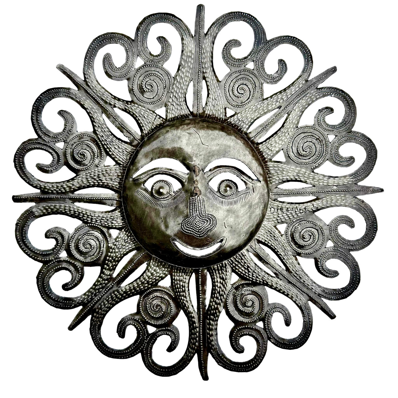 sun face metal art, whimsical wall hanging, tropical home décor, eco-friendly wall sculpture