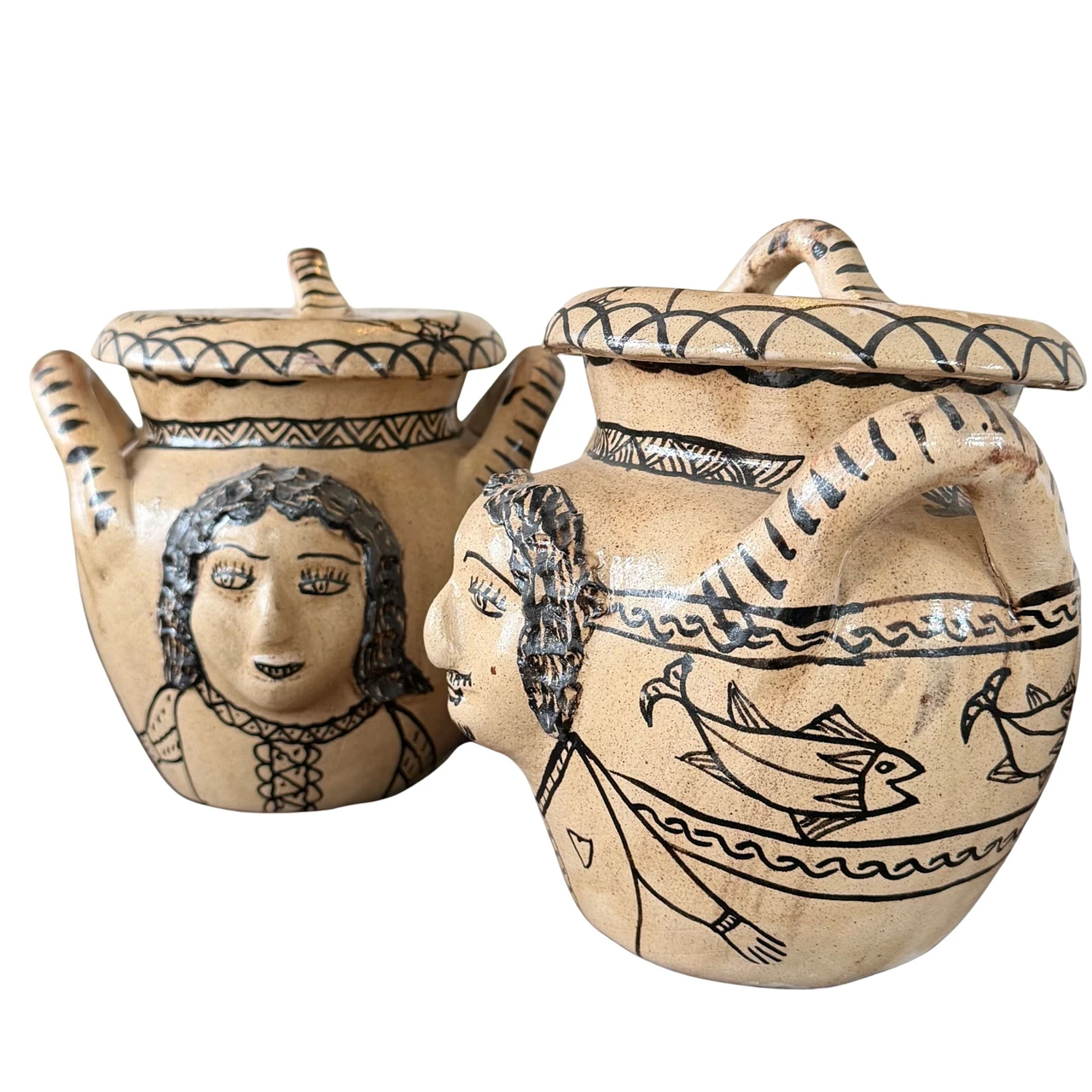 hand painted pottery Mexico, Mexican olla pot, mid century Mexican decor, primitive folk art pottery, ethnographic ceramics Mexico, collectible Mexican pottery