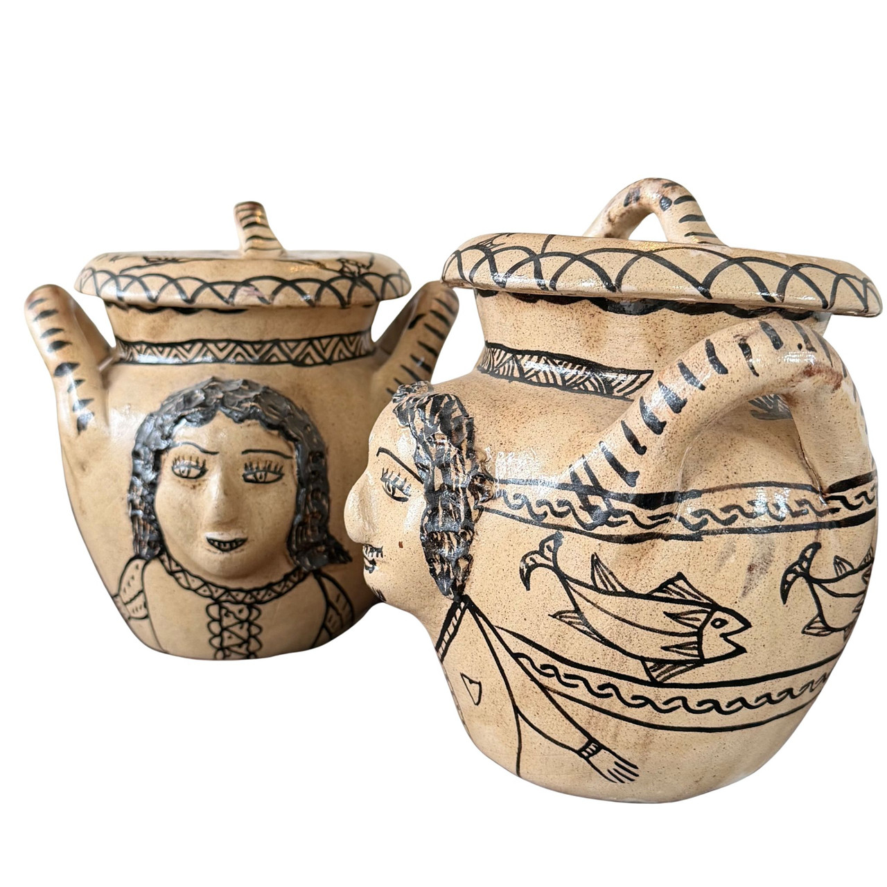 Tzintzuntzan pottery, Michoacan pottery, Mexican folk art pottery, vintage Mexican ceramic pot, 1950s Mexican pottery, figural pottery vessel, hand painted pottery Mexico