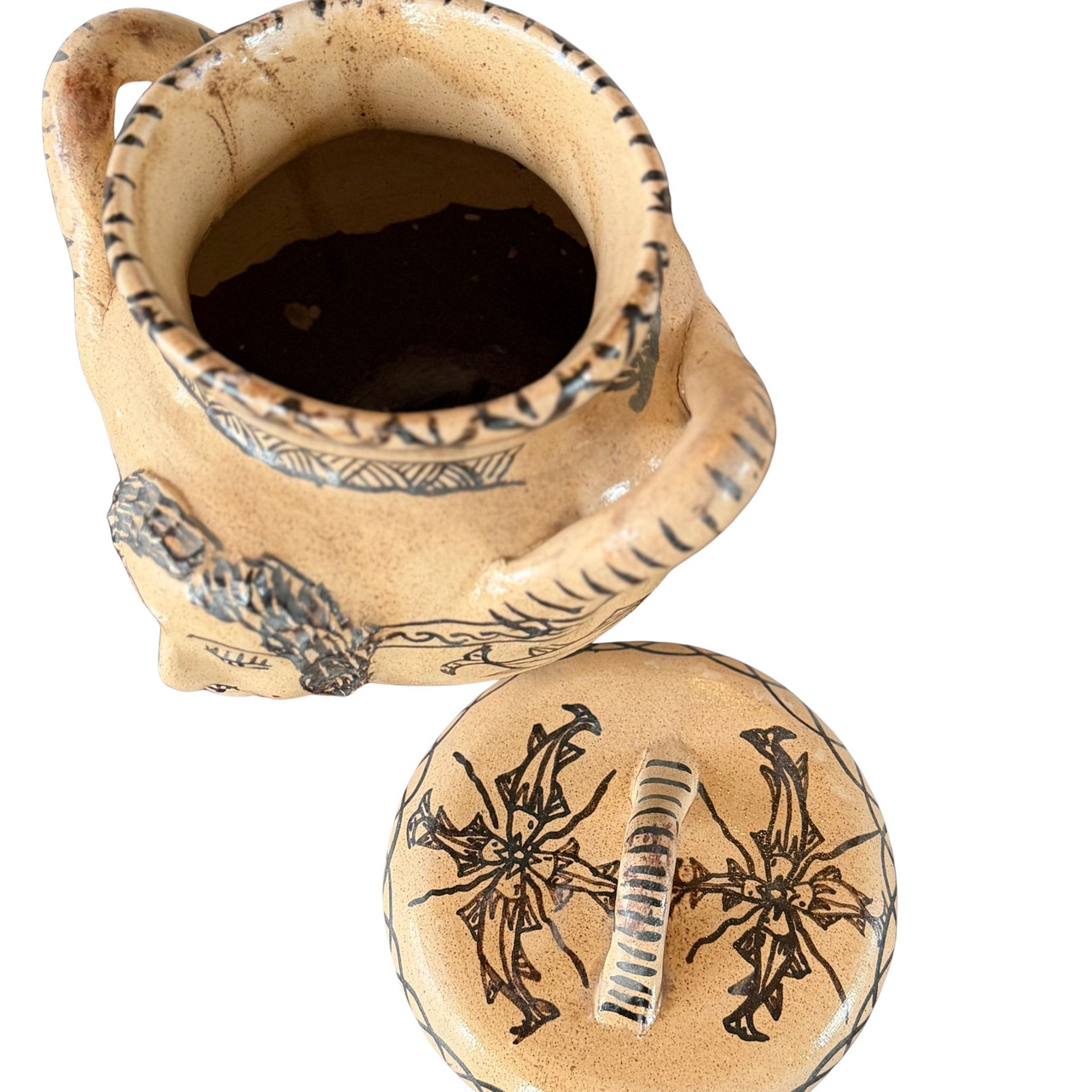 pez design pottery, handmade ceramic vessel, collectible Mexican pottery, vintage folk art jar, primitive style pottery, decorative clay pot, ethnographic pottery, artisan pottery Mexico