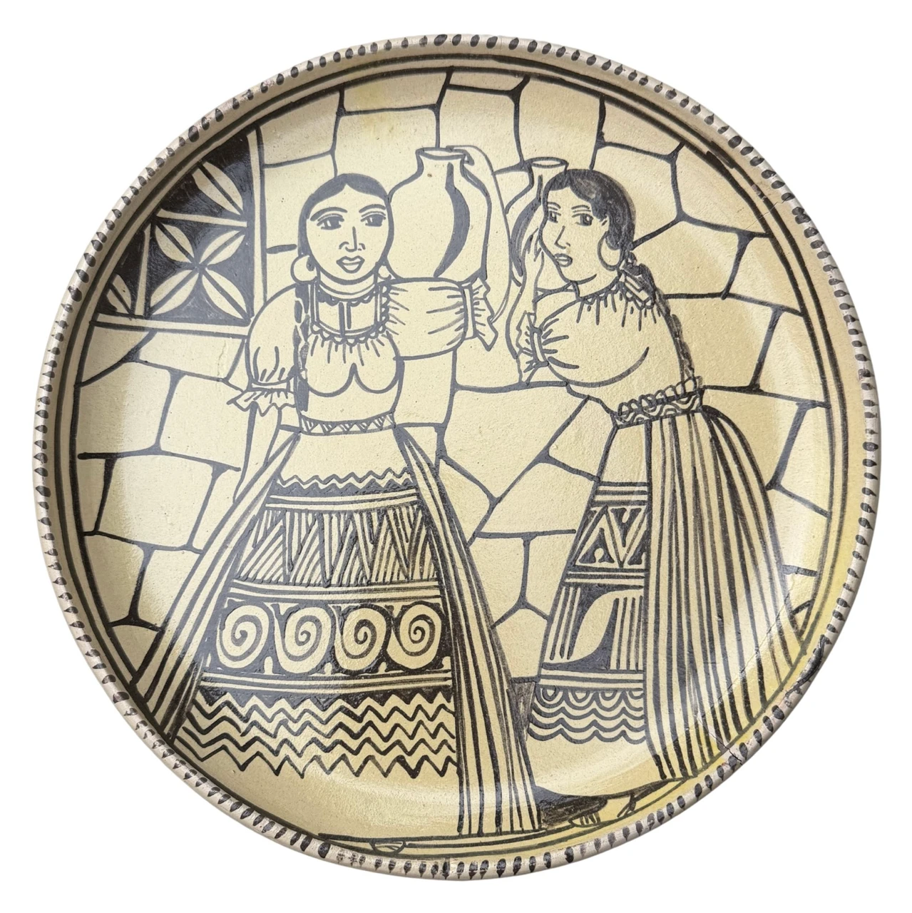 tzintzuntzan pottery, angelica morales gamez, signed mexican pottery, mexican folk art plate, michoacan ceramics, women scene pottery, mexican village life pottery, hand painted ceramic plate