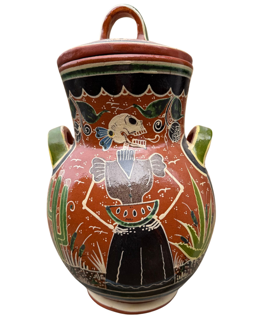 javier ramos lucano, tonalá pottery, petatillo pottery, mexican folk art pottery, signed mexican pottery, catrina pottery, skeleton motif pottery, day of the dead ceramics