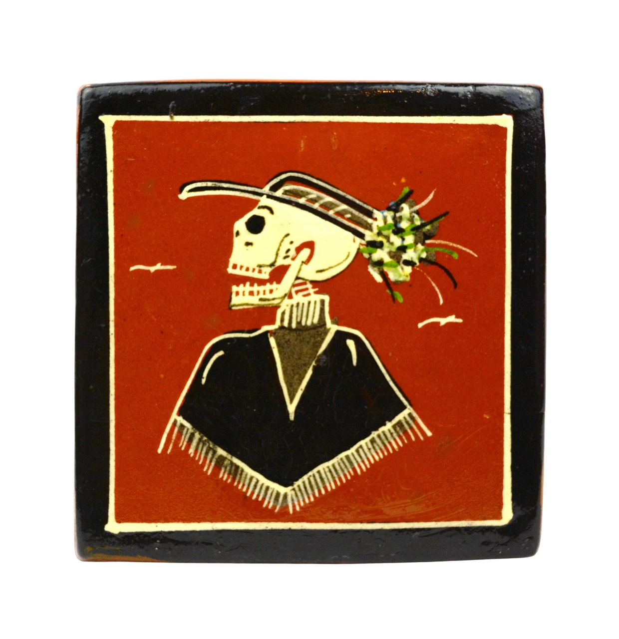 Javier Ramos Lucano Tonalá Petatillo Ceramic Tile Skeleton Motif Signed Mexican Folk Art