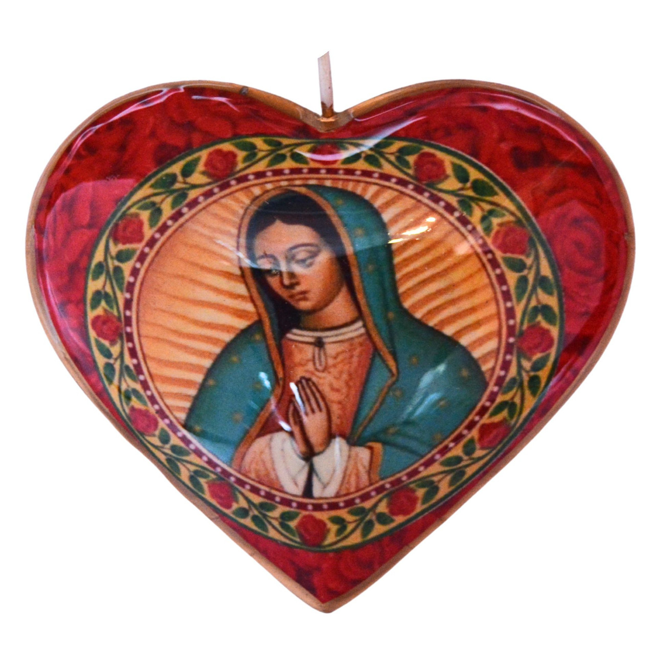 sacred heart ornament, Mexican folk art, religious hanging decor, Guadalupe gift, Catholic folk art