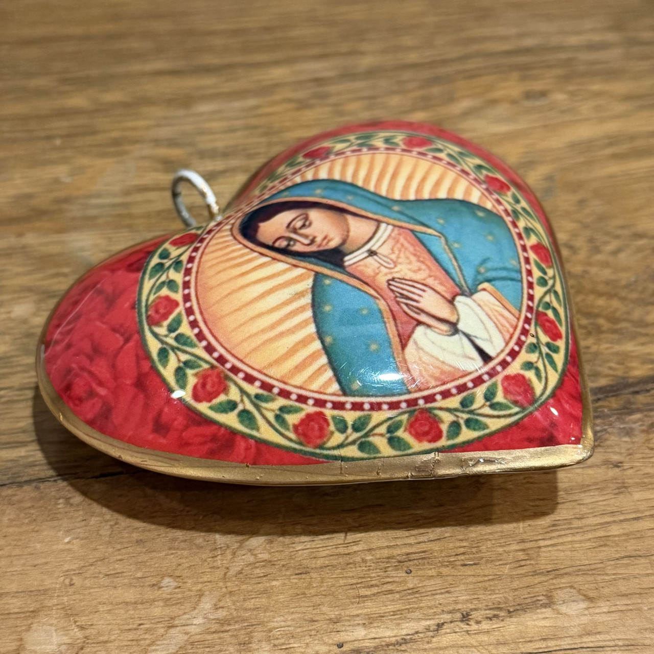 Virgen ornament, religious heart decoration, Mexican devotional art, floral glass ornament